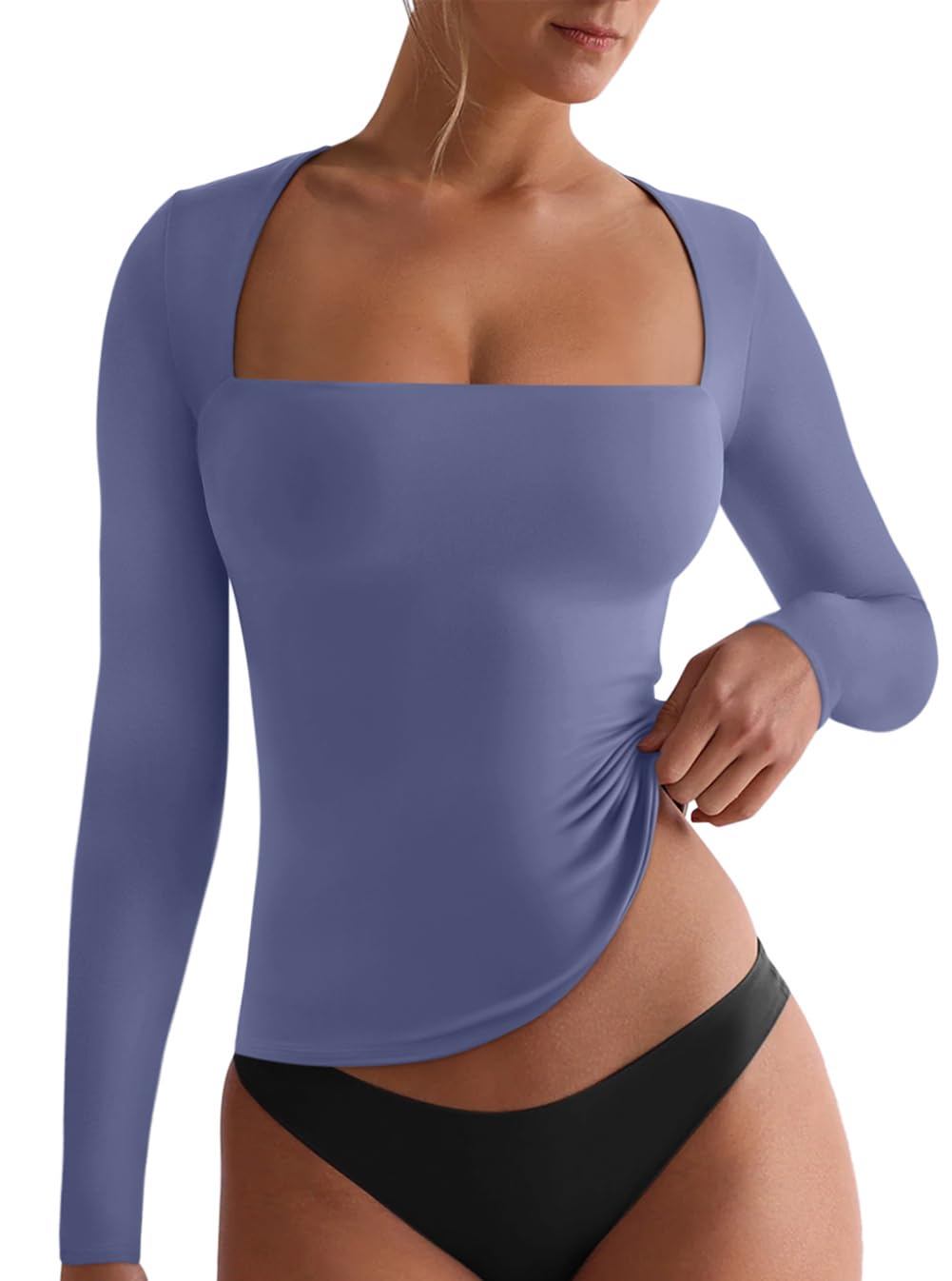 REORIA Fall Sexy Long Sleeve Double Lined Full Length Fitted T Shirts Tops for Women Square Neck