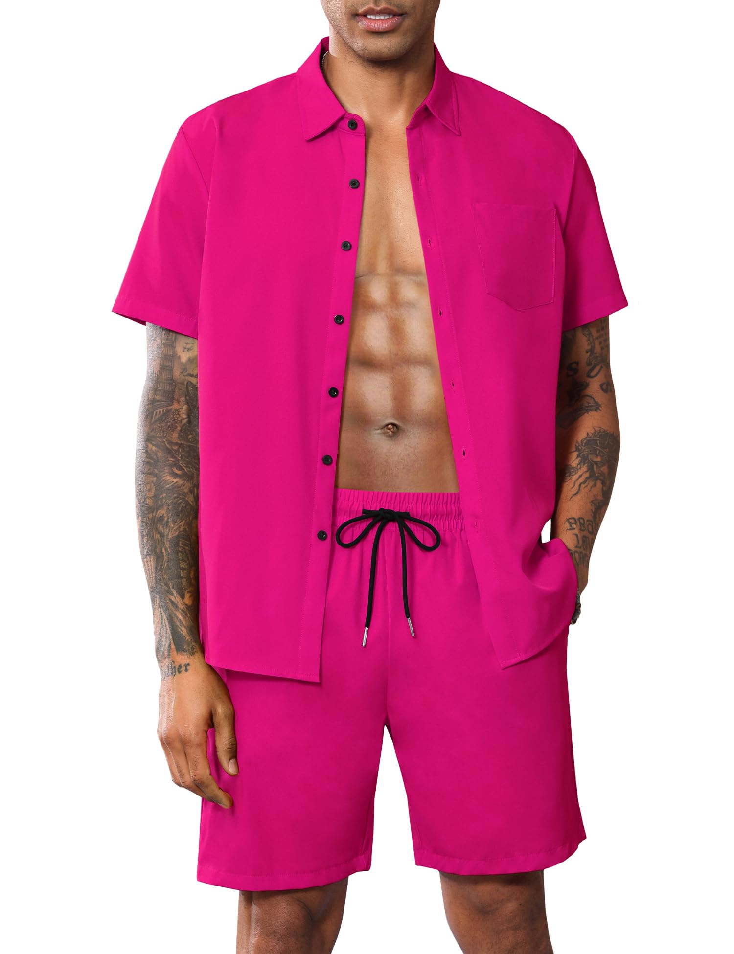 LecGee Men Summer Casual Short Sleeve Solid Pocket Button Down Shirt Elastic Shorts 2 Piece Outfit
| LecGee Men Summer