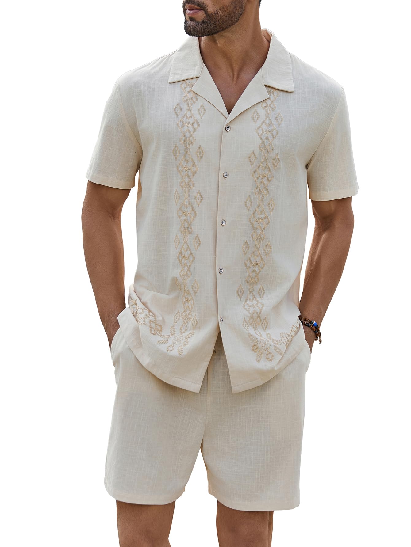 Daupanzees Men's Beach Guayabera Outfit Button Down Shirts and Shorts Casual Cuban Embroidered Sets
| Daupanzees Men's